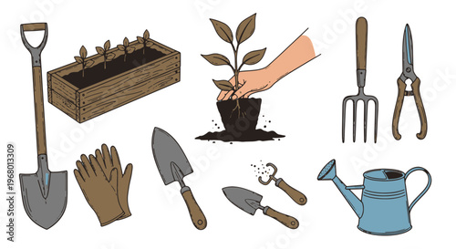 Arbor Day Gardening Tools Seedling Planting Shovels Gloves Planters Watering Can Illustration Set