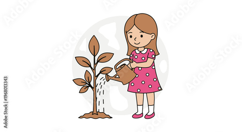 Arbor Day Girl Watering Tree Sapling in Earth Conservation Environmental Protection Effort