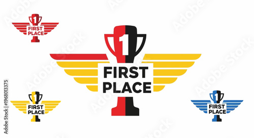 First place award logo with colorful wings.
