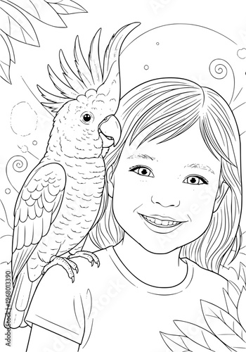 Girl and cockatoo coloring page