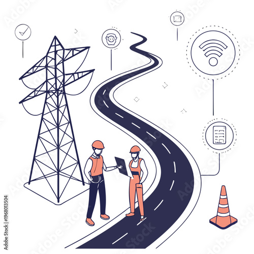 An illustrative depiction shows two workers examining data near power lines and a road suggesting smart grid technology and infrastructure