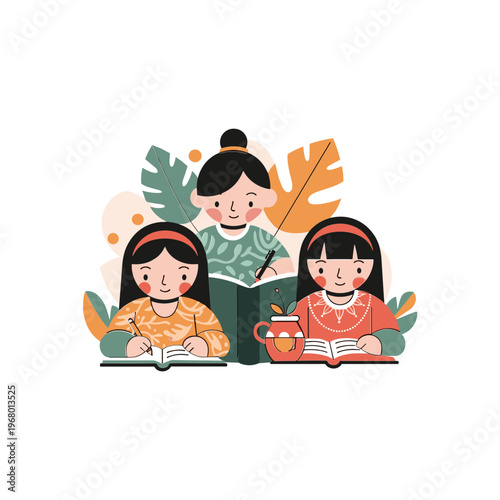 Three Girls Reading Books Together.