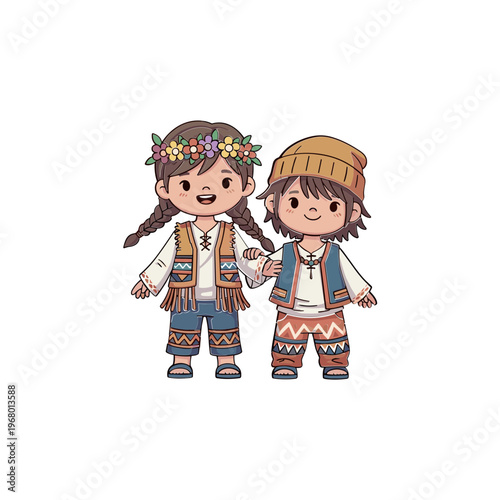 Two Cartoon Children in Traditional Outfit.