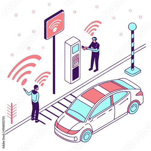An isometric illustration depicts a futuristic security checkpoint with wireless technology monitoring a vehicle and people high quality professional detailed