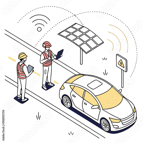 Two workers inspect a self driving car near a solar panel installation utilizing digital tablets for data collection and analysis