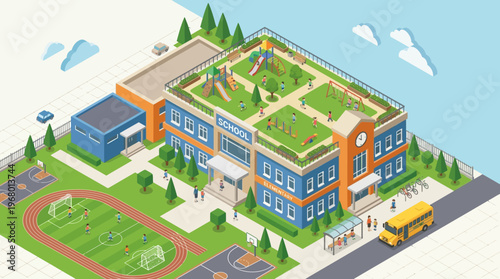 Isometric Elementary School Campus with Rooftop Playground, Sports Fields, and School Bus