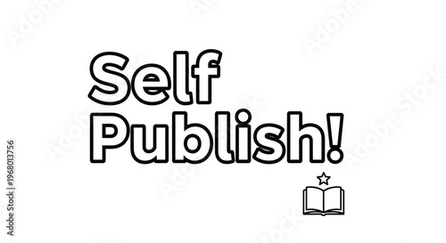 "Self Publish!" typography with a star and an open book icon on a white background.