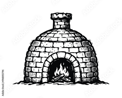 Rustic cooking structure, traditional oven sketch. outdoor brick furnace with fire element.