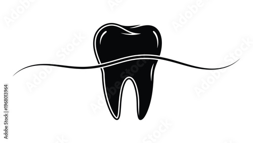A stark black silhouette of a single molar tooth with flowing lines representing dental health and hygiene silhouette high quality professional