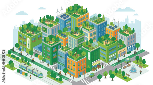 Sustainable Green City Isometric Illustration with Rooftop Gardens, Solar Panels, and Eco-friendly Urban Infrastructure