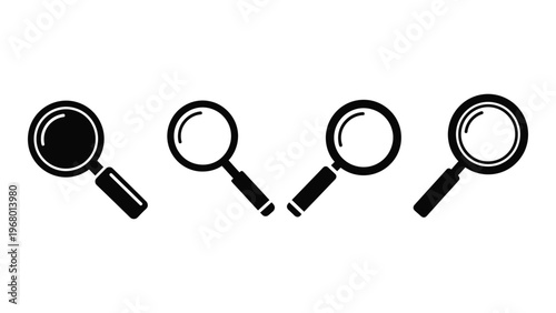 Four black magnifying glasses displayed in a row varying slightly in angle and design a clean silhouette high quality professional detailed