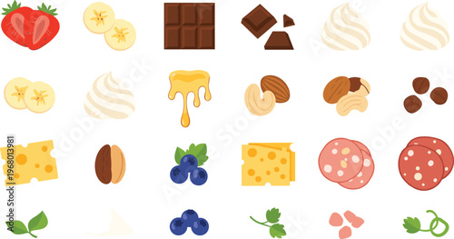 Food Ingredients Vector Set with Fruits Chocolate Cheese Nuts Cream and Meat Elements for Cooking and Recipe Design Collection