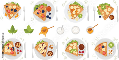 Healthy Breakfast Plate Vector Set with Pancakes Fruits Honey and Nutritious Meal Compositions Isolated on White Background Collection