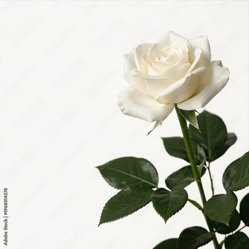 Fototapeta premium Single White Rose with Green Leaves on a White Background