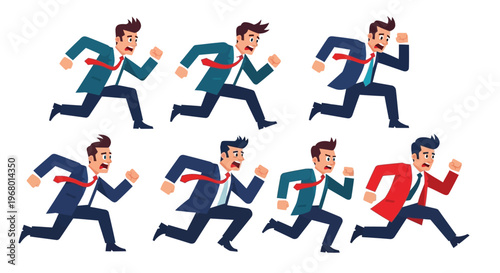 Set of vector illustrations depicting a businessman running quickly with a stressed and worried expression.