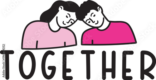 Two pink cartoon characters hugging with the word t o g e t h e r below