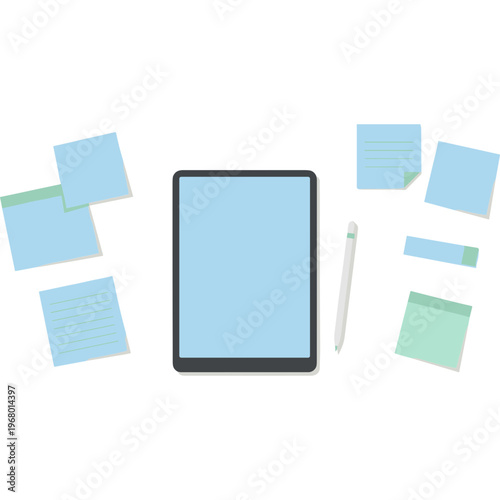 A tablet surrounded by colorful sticky notes and a stylus on a clean surface