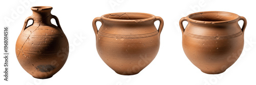 Foto Set and collection of ancient clay amphorae and rustic terracotta pots isolated on white transparent PNG background