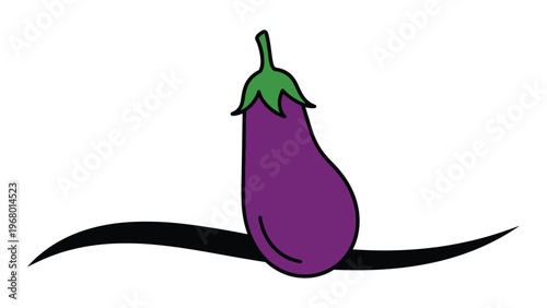 A vibrant illustration depicts a purple eggplant with a green stem and curved black lines a bold silhouette high quality professional