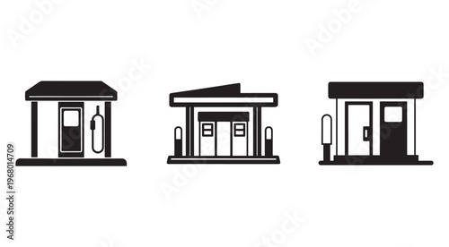 Set of simple black and white gas station icons with fuel pumps and different architectural styles  fuel service station designs