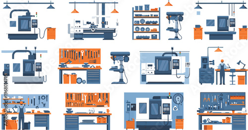 Industrial Workshop Machinery Vector Set with CNC Machines, Tools, Workbenches and Manufacturing Equipment in Modern Factory Illustration