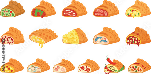 Stuffed Pastry and Savory Calzone Vector Set with Cheese Meat Vegetable Fillings Isolated on White Background Food Collection