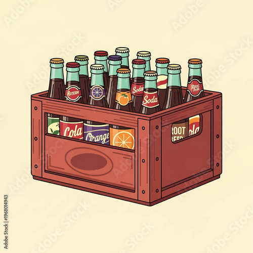Assorted soft drink bottles in crate.