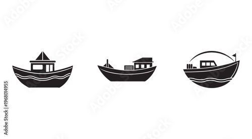 Set of three black boat silhouettes with different designs and flags on white background  nautical icons