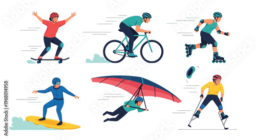 Young active people performing various outdoor extreme sports activities with safety gear vector graphic.