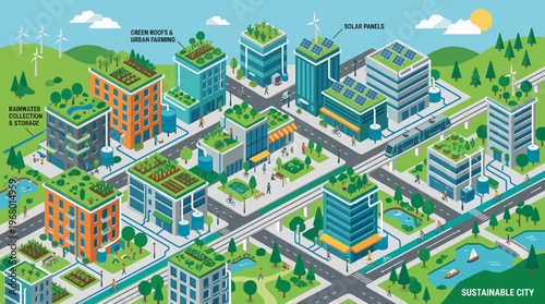 Sustainable City Isometric Illustration: Eco-Friendly Urban Planning with Green Roofs, Solar Panels, Wind Energy, and Smart Infrastructure