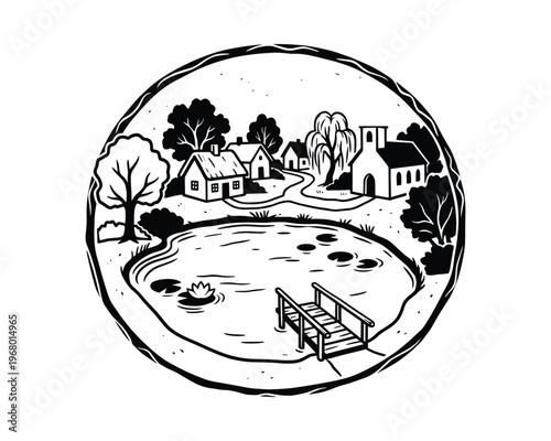 Small houses, peaceful pond, wooden bridge, trees, church, idyllic countryside