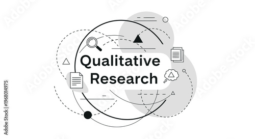 Qualitative Research concept illustration with abstract geometric elements, magnifying glass, and document icons.