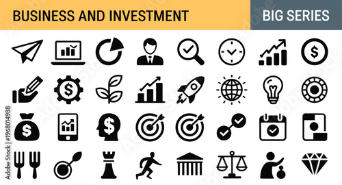 A Collection of 30 Minimalist Icons Representing Business Growth, Investment Strategies, and Teamwork Concepts