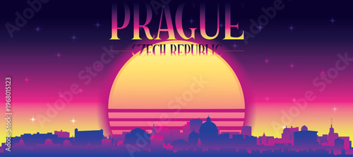 Purple generic retro futuristic synthwave panoramic poster of the city skyline with misty background sunset buildings of PRAGUE, CZECH REPUBLIC