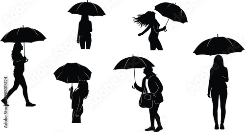 Collection of woman silhouettes holding umbrellas in the rain with holding umbrella with white background with isolated on white with carrying bag