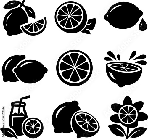 black and white citrus fruit icons set with slices and juice