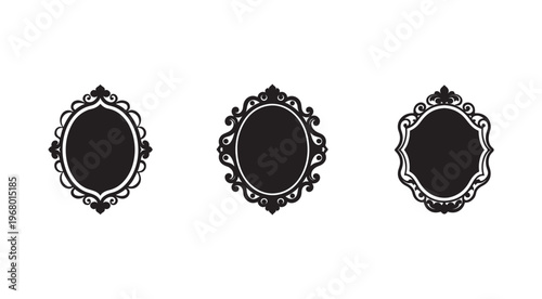 Set of three black ornate oval frames with white borders on white background  decorative elements  empty frames for photo or text  elegant floral patterns