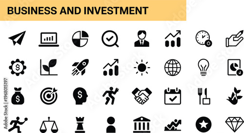 A comprehensive set of minimalist vector icons for business, finance, and investment. Features concepts like growth, strategy, technology, and success, ideal for modern corporate designs
