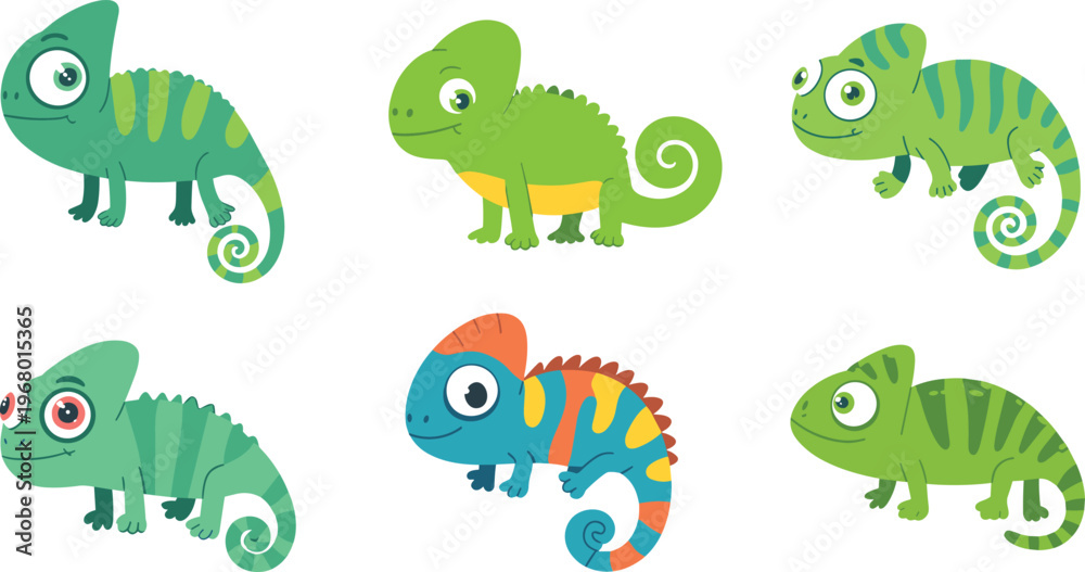 Naklejka premium Cute chameleon cartoon vector set with colorful reptiles, playful animal collection, kids illustration design
