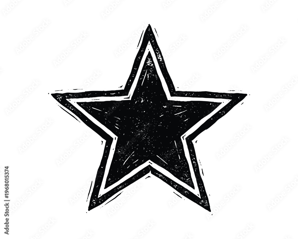 Fototapeta premium Star shape in woodcut style. Distressed black ink texture. Isolated star icon on transparent grid.