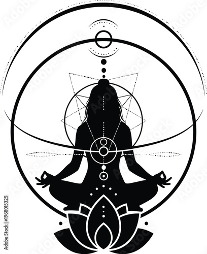 Meditating figure with spiritual and celestial design with white background