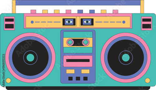 90s style cassette player, music box, and retro boombox vector illustration for vintage audio, nostalgia, and 1990s technology