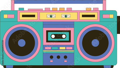 Retro cassette recorder and player vector illustration of 90s boombox music box representing nostalgia and 1990s technology on white