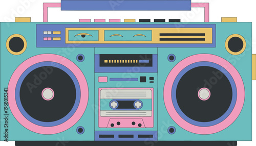 Retro cassette recorder and player vector illustration of 90s boombox music box representing nostalgia and 1990s technology on white