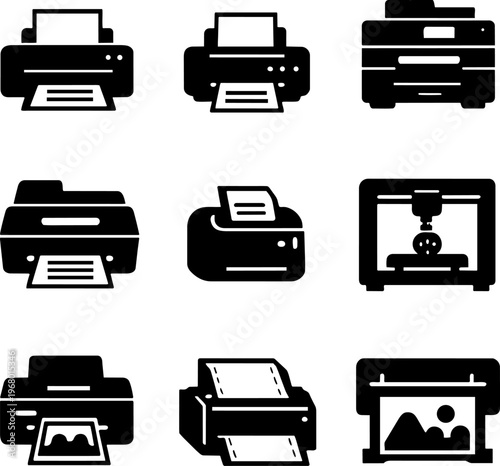 black and white printer icons set on white background