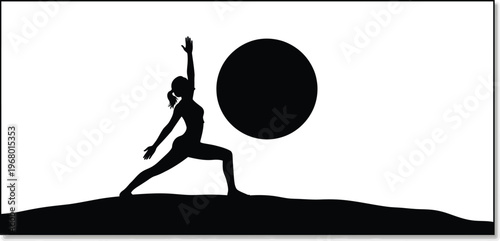 Silhouette of woman in yoga warrior pose with sun with white background