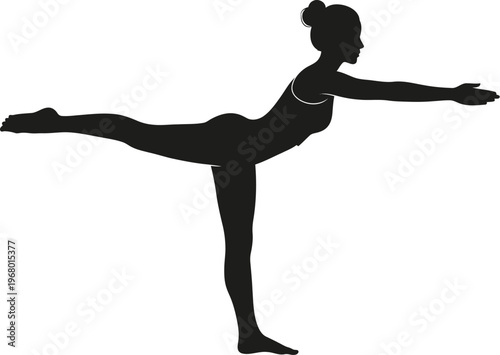 Silhouette of woman in warrior iii pose with a stark black silhouette of a