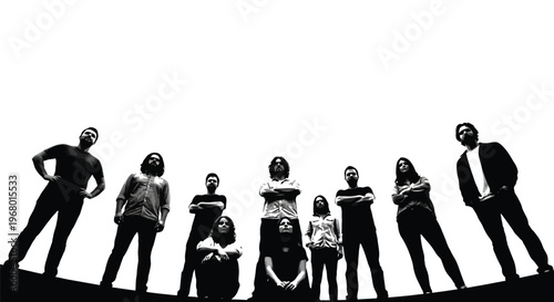 Dynamic graphic illustration of a diverse team united together against a stark white background.