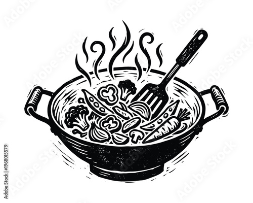 Steaming hot wok pan with vegetables and spatula. Oriental cuisine, stir fry, cooking sketch.