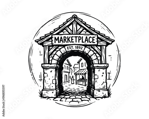 Stone arch, timber roof, market stalls, cobblestone path, old town entrance